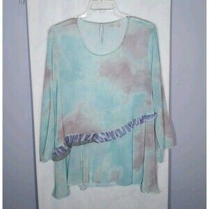LOGO Lori Goldstein Sheer Top 1X Tie Dye Ruffle Boho Chic Flowy Coastal Tunic
